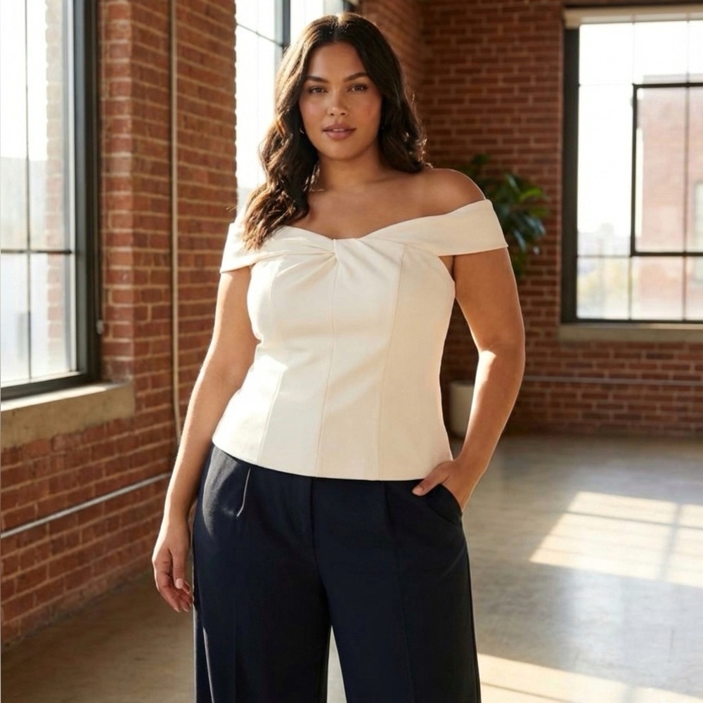 Express . Cream Off the Shoulder Twist Front Top